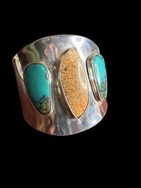 Large Sterling Silver Cuff Bracelet Hubei Turquoise Fossil Coral Artisan 62g 925